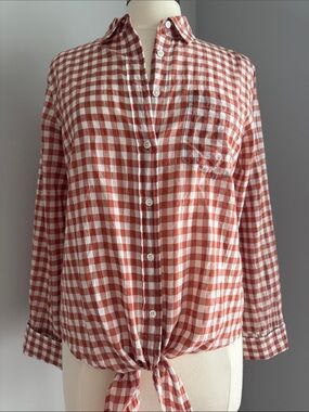 J. Crew Gingham Button Down Tie Front Shirt - Rust/White, Size 10